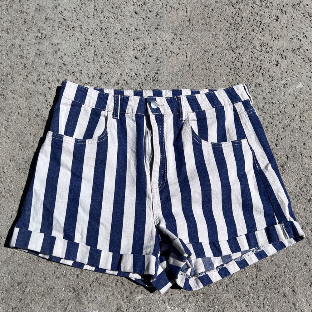 Blue and Off White Stripe High Waisted Shorts